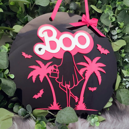 Round Halloween Welcome Sign - Boo Barbie