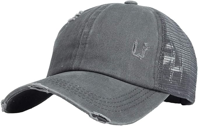 Distressed Ponytail Hat - Custom Engraved Leather Patch Available