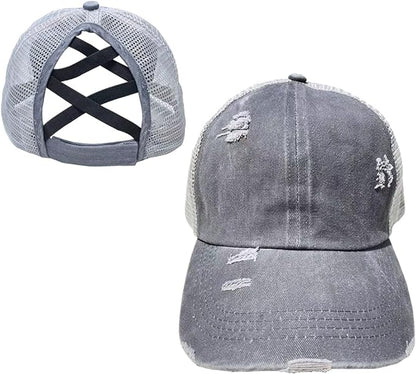 Distressed Ponytail Hat - Custom Engraved Leather Patch Available